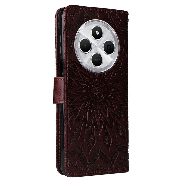 KT Imprinting Flower Series-1 For Xiaomi Poco C75 4G / Redmi 14R 5G / 14C 4G Case Sunflower Leather Wallet Phone Cover - Brown