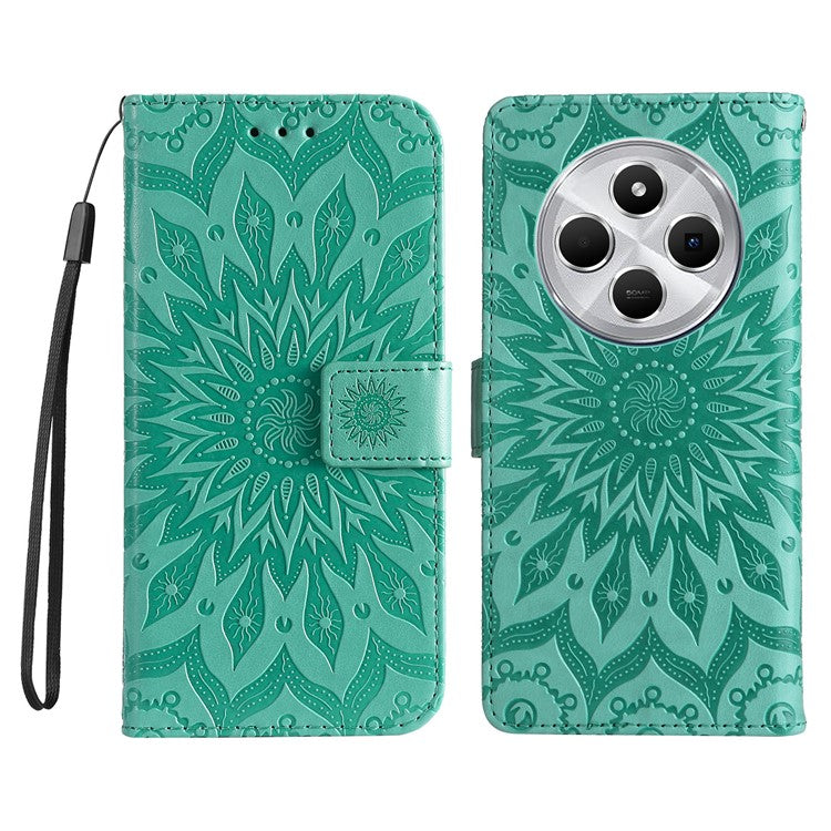 KT Imprinting Flower Series-1 For Xiaomi Poco C75 4G / Redmi 14R 5G / 14C 4G Case Sunflower Leather Wallet Phone Cover - Green