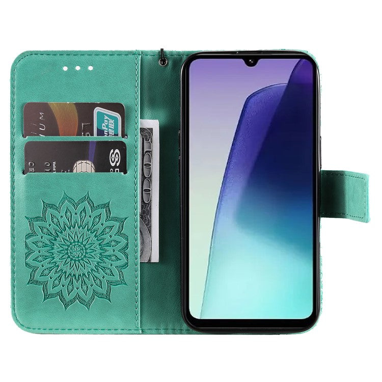 KT Imprinting Flower Series-1 For Xiaomi Poco C75 4G / Redmi 14R 5G / 14C 4G Case Sunflower Leather Wallet Phone Cover - Green