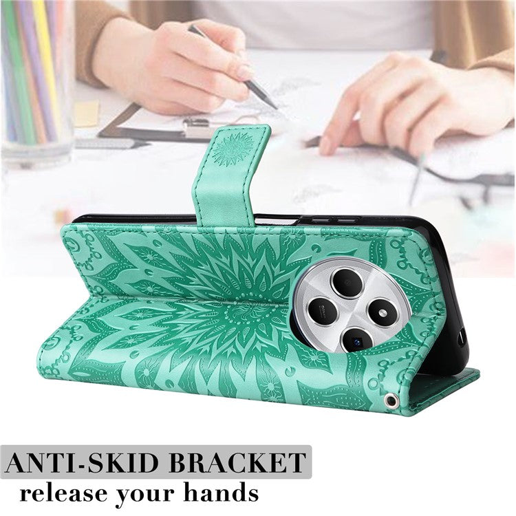 KT Imprinting Flower Series-1 For Xiaomi Poco C75 4G / Redmi 14R 5G / 14C 4G Case Sunflower Leather Wallet Phone Cover - Green