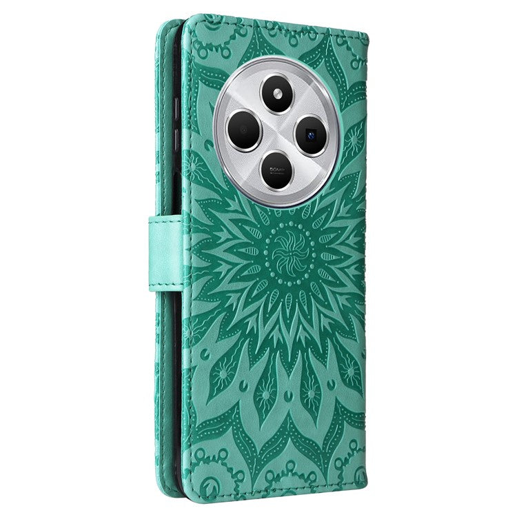 KT Imprinting Flower Series-1 For Xiaomi Poco C75 4G / Redmi 14R 5G / 14C 4G Case Sunflower Leather Wallet Phone Cover - Green