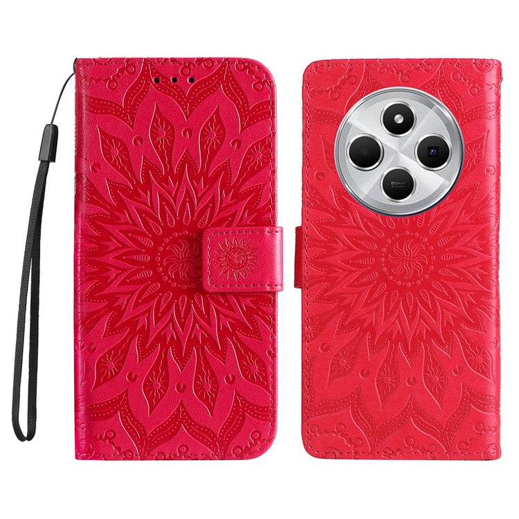 KT Imprinting Flower Series-1 For Xiaomi Poco C75 4G / Redmi 14R 5G / 14C 4G Case Sunflower Leather Wallet Phone Cover - Red