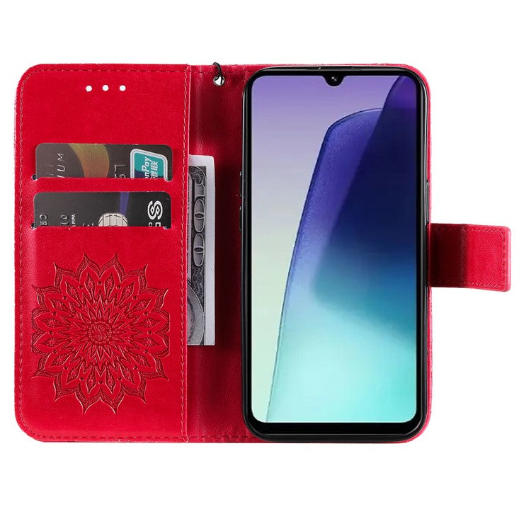 KT Imprinting Flower Series-1 For Xiaomi Poco C75 4G / Redmi 14R 5G / 14C 4G Case Sunflower Leather Wallet Phone Cover - Red