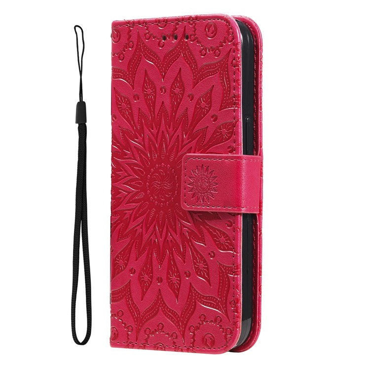 KT Imprinting Flower Series-1 For Xiaomi Poco C75 4G / Redmi 14R 5G / 14C 4G Case Sunflower Leather Wallet Phone Cover - Red