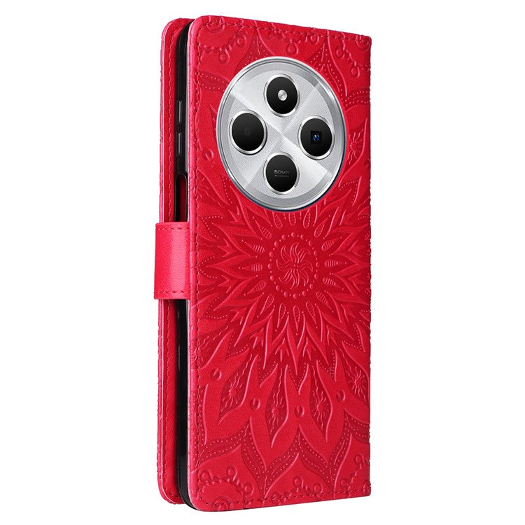 KT Imprinting Flower Series-1 For Xiaomi Poco C75 4G / Redmi 14R 5G / 14C 4G Case Sunflower Leather Wallet Phone Cover - Red