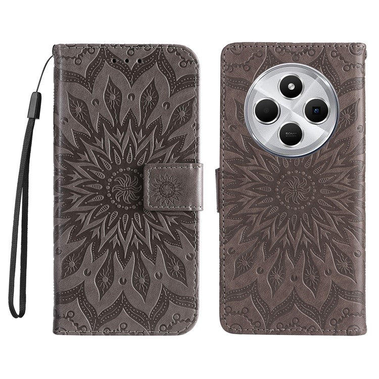 KT Imprinting Flower Series-1 For Xiaomi Poco C75 4G / Redmi 14R 5G / 14C 4G Case Sunflower Leather Wallet Phone Cover - Grey