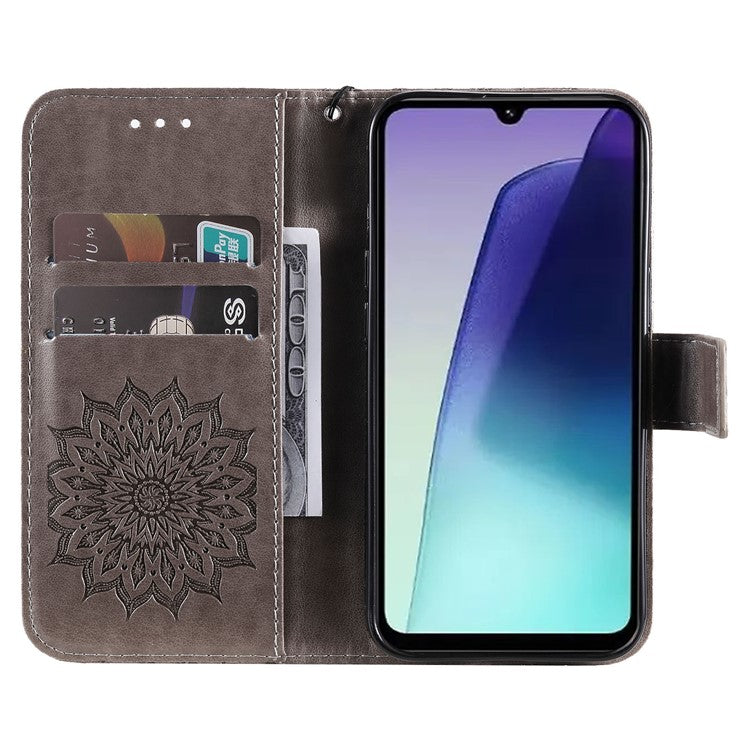 KT Imprinting Flower Series-1 For Xiaomi Poco C75 4G / Redmi 14R 5G / 14C 4G Case Sunflower Leather Wallet Phone Cover - Grey