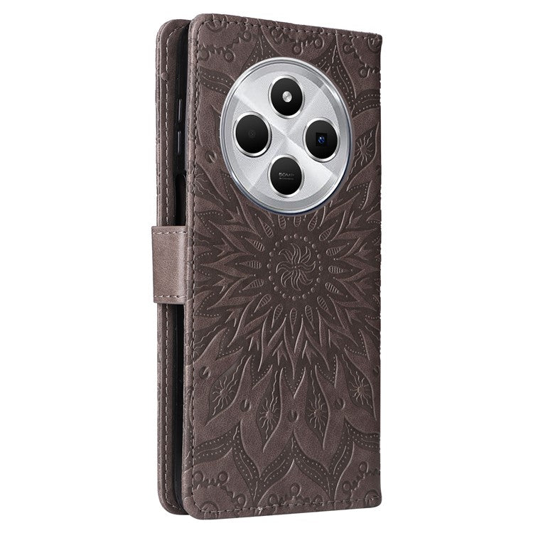 KT Imprinting Flower Series-1 For Xiaomi Poco C75 4G / Redmi 14R 5G / 14C 4G Case Sunflower Leather Wallet Phone Cover - Grey