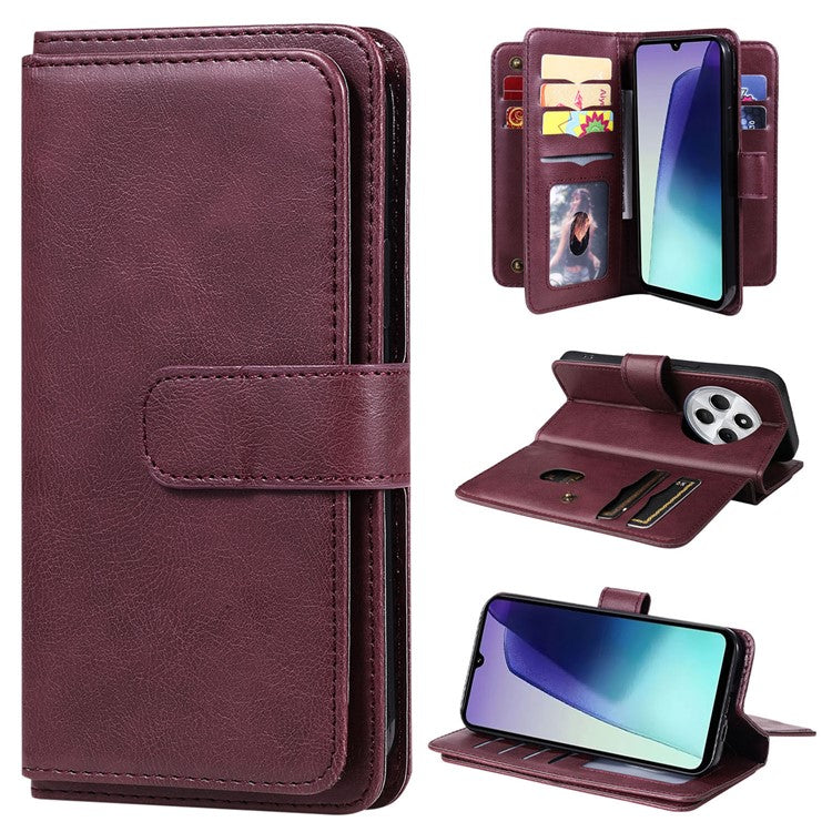 KT Multi-Functional Series-1 For Xiaomi Poco C75 4G / Redmi 14R 5G / 14C 4G Case 10 Card Holder Leather Phone Cover Stand - Wine Red