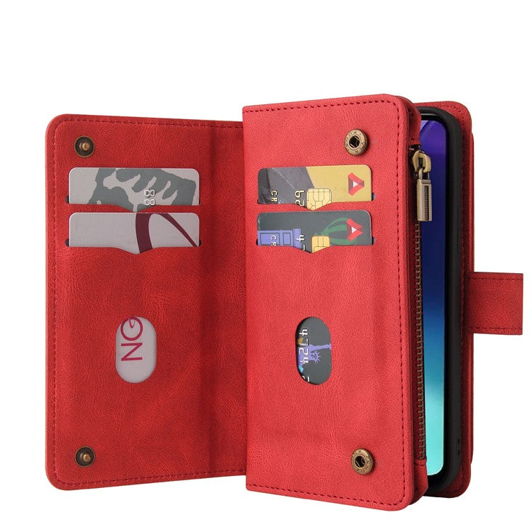 For Xiaomi Poco C75 4G / Redmi 14R 5G / 14C 4G Phone Case Zipper Wallet Leather Stand Cover - Red