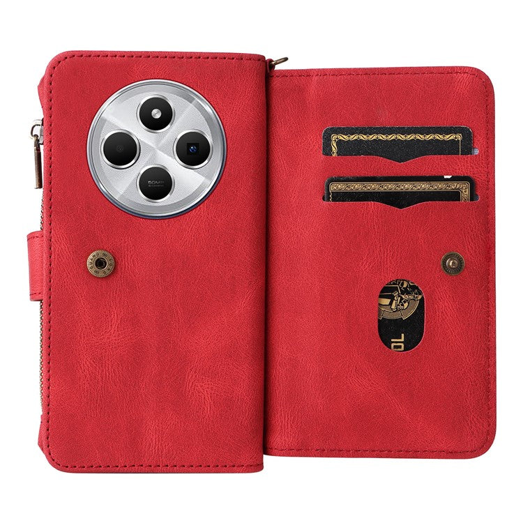 For Xiaomi Poco C75 4G / Redmi 14R 5G / 14C 4G Phone Case Zipper Wallet Leather Stand Cover - Red