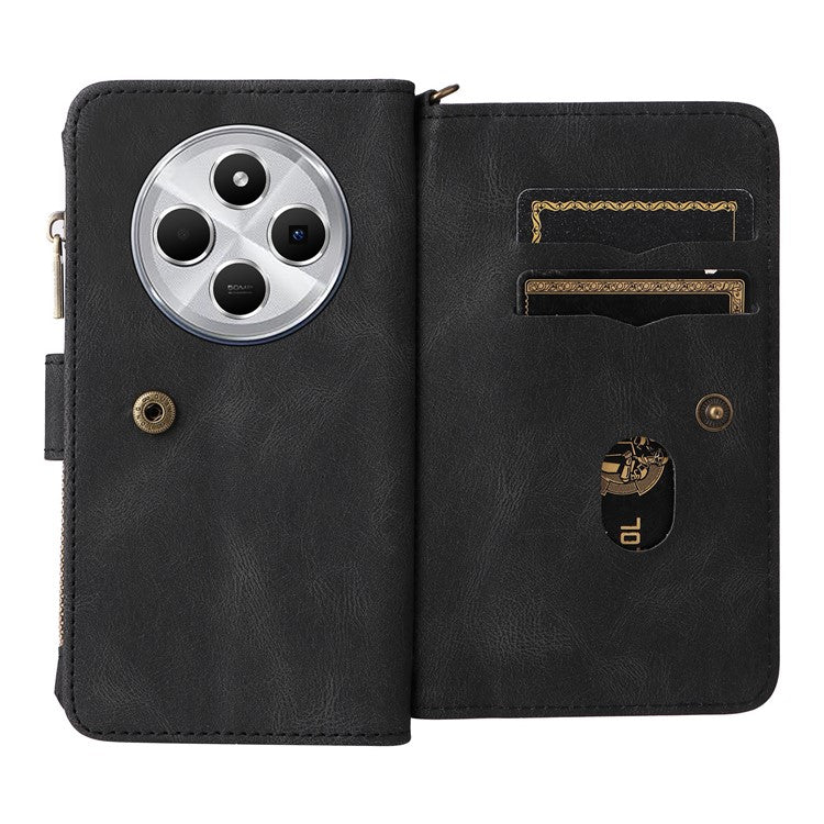 For Xiaomi Poco C75 4G / Redmi 14R 5G / 14C 4G Phone Case Zipper Wallet Leather Stand Cover - Black