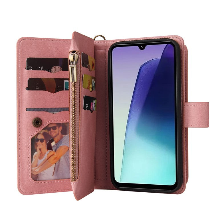 For Xiaomi Poco C75 4G / Redmi 14R 5G / 14C 4G Phone Case Zipper Wallet Leather Stand Cover - Pink