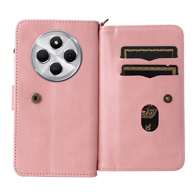 For Xiaomi Poco C75 4G / Redmi 14R 5G / 14C 4G Phone Case Zipper Wallet Leather Stand Cover - Pink