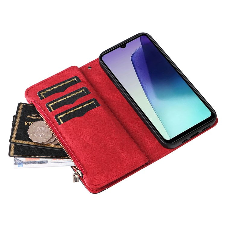 KT Multi-Function Series-5 For Xiaomi Poco C75 4G / Redmi 14R 5G / 14C 4G Case Zipper Wallet Leather Phone Cover Stand - Red