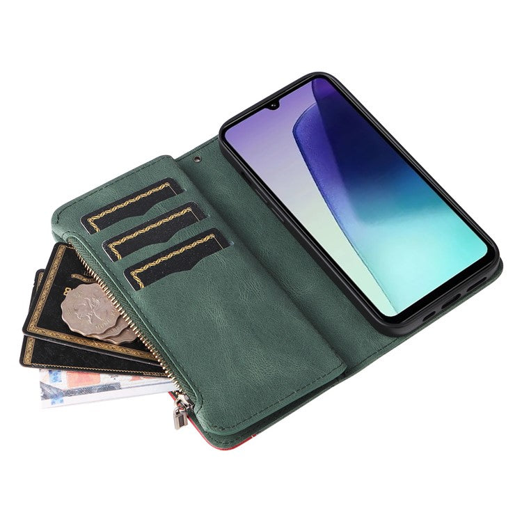 KT Multi-Function Series-5 For Xiaomi Poco C75 4G / Redmi 14R 5G / 14C 4G Case Zipper Wallet Leather Phone Cover Stand - Green