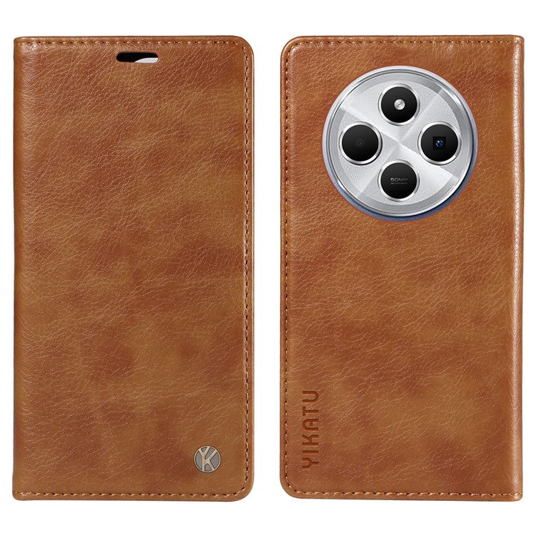 YIKATU YK-006 For Xiaomi Poco C75 4G / Redmi 14R 5G / 14C 4G Case Wallet Litchi Grain Leather Phone Cover Magnetic Auto-Absorbed - Brown