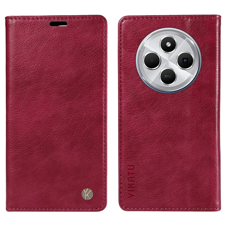 YIKATU YK-006 For Xiaomi Poco C75 4G / Redmi 14R 5G / 14C 4G Case Wallet Litchi Grain Leather Phone Cover Magnetic Auto-Absorbed - Wine Red