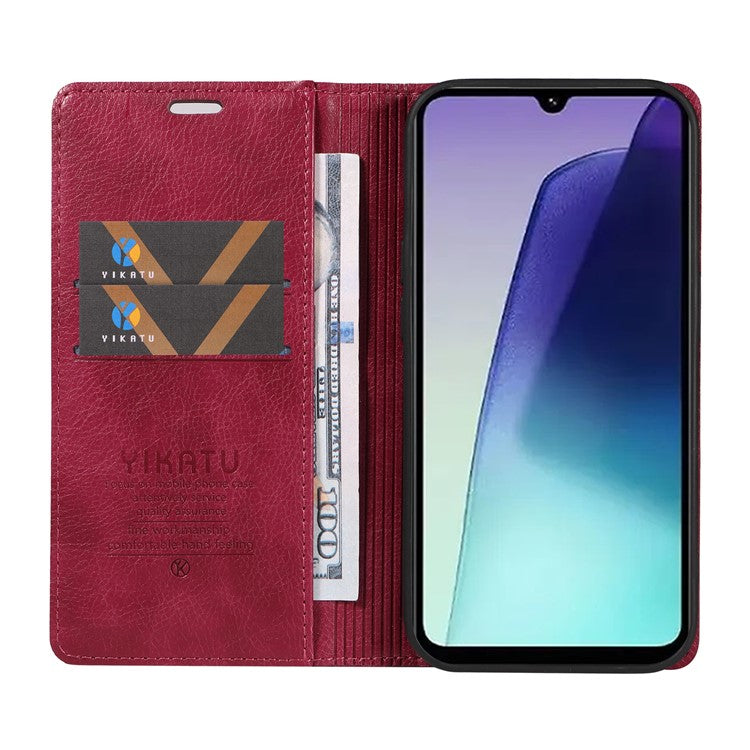 YIKATU YK-006 For Xiaomi Poco C75 4G / Redmi 14R 5G / 14C 4G Case Wallet Litchi Grain Leather Phone Cover Magnetic Auto-Absorbed - Wine Red