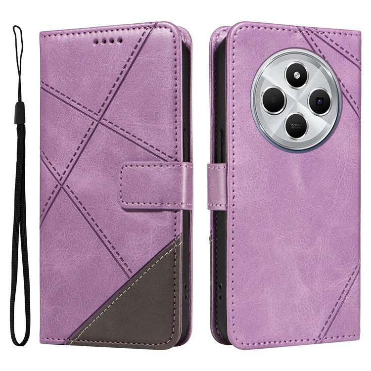 For Xiaomi Poco C75 4G / Redmi 14R 5G / 14C 4G Case Leather Geometric Line Wallet Phone Cover with Wrist Strap - Purple