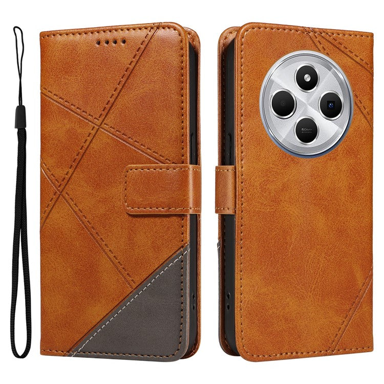 For Xiaomi Poco C75 4G / Redmi 14R 5G / 14C 4G Case Leather Geometric Line Wallet Phone Cover with Wrist Strap - Brown