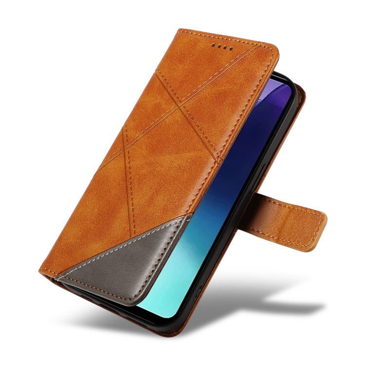 For Xiaomi Poco C75 4G / Redmi 14R 5G / 14C 4G Case Leather Geometric Line Wallet Phone Cover with Wrist Strap - Brown