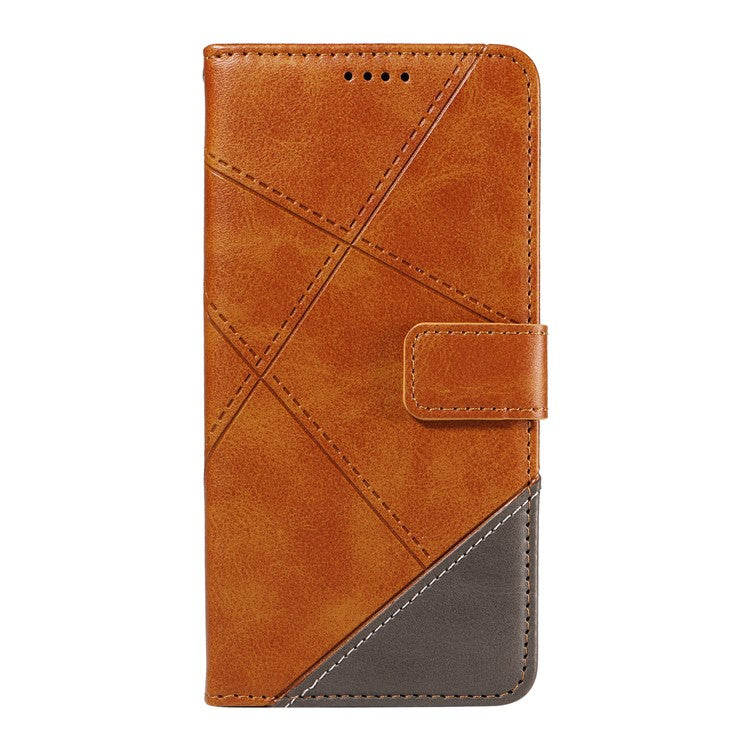 For Xiaomi Poco C75 4G / Redmi 14R 5G / 14C 4G Case Leather Geometric Line Wallet Phone Cover with Wrist Strap - Brown