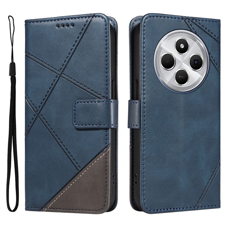 For Xiaomi Poco C75 4G / Redmi 14R 5G / 14C 4G Case Leather Geometric Line Wallet Phone Cover with Wrist Strap - Blue