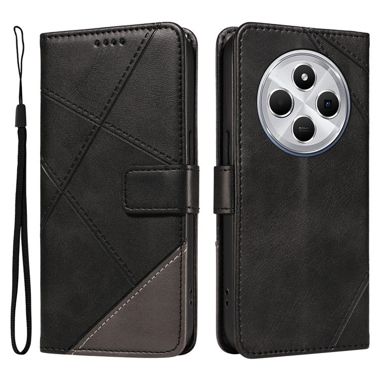 For Xiaomi Poco C75 4G / Redmi 14R 5G / 14C 4G Case Leather Geometric Line Wallet Phone Cover with Wrist Strap - Black