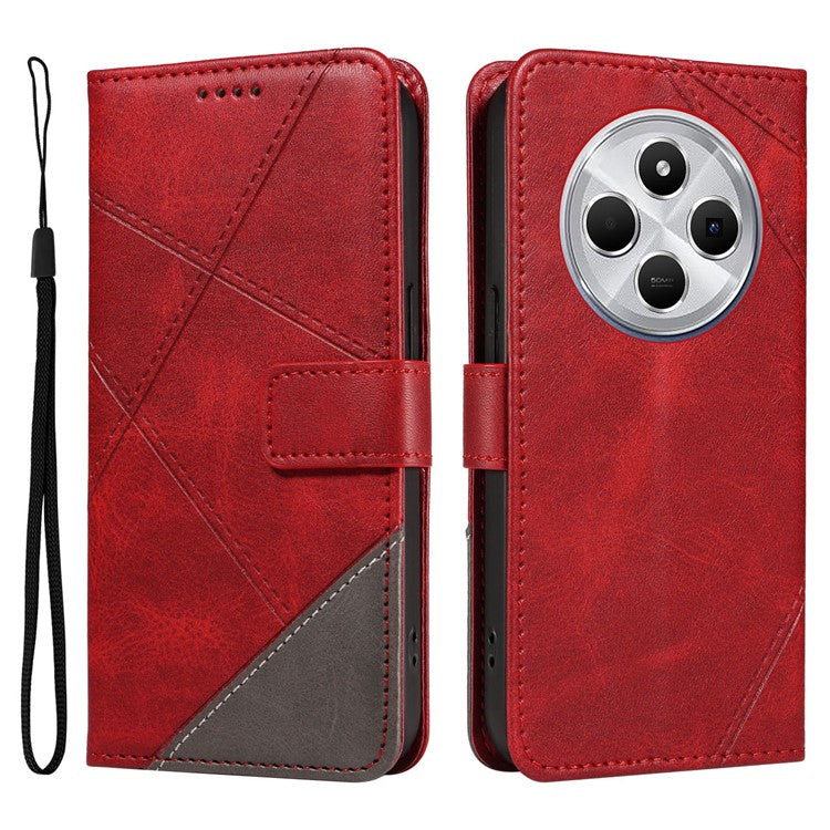 For Xiaomi Poco C75 4G / Redmi 14R 5G / 14C 4G Case Leather Geometric Line Wallet Phone Cover with Wrist Strap - Red