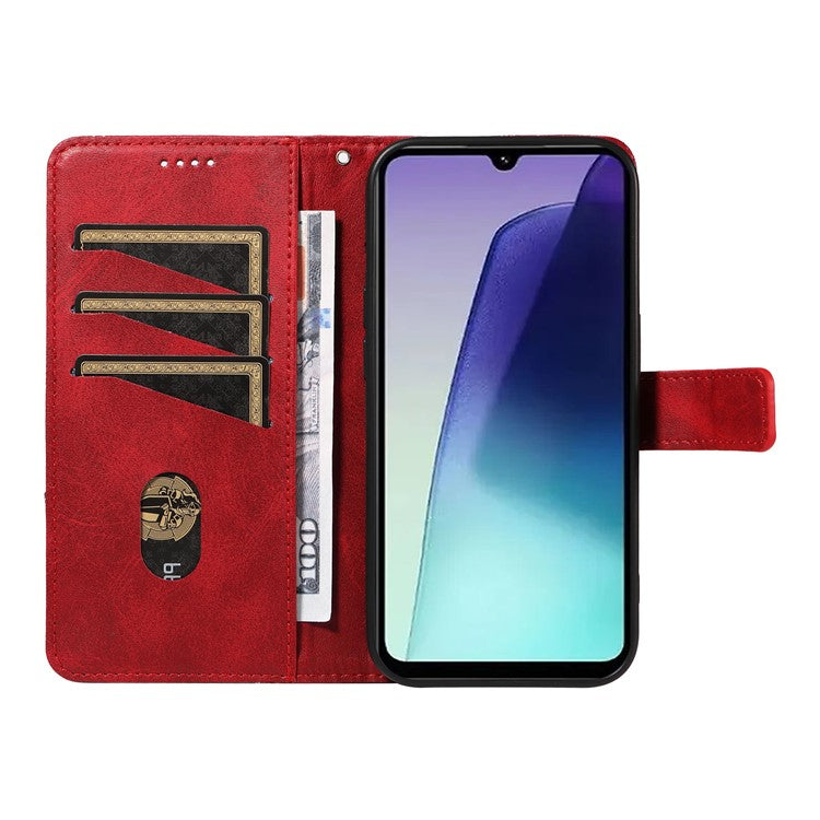 For Xiaomi Poco C75 4G / Redmi 14R 5G / 14C 4G Case Leather Geometric Line Wallet Phone Cover with Wrist Strap - Red