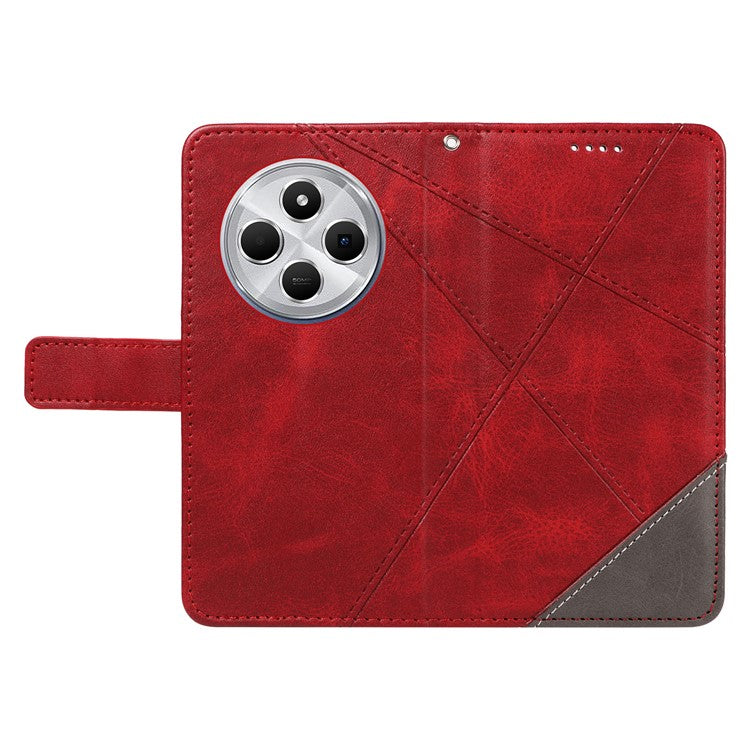 For Xiaomi Poco C75 4G / Redmi 14R 5G / 14C 4G Case Leather Geometric Line Wallet Phone Cover with Wrist Strap - Red