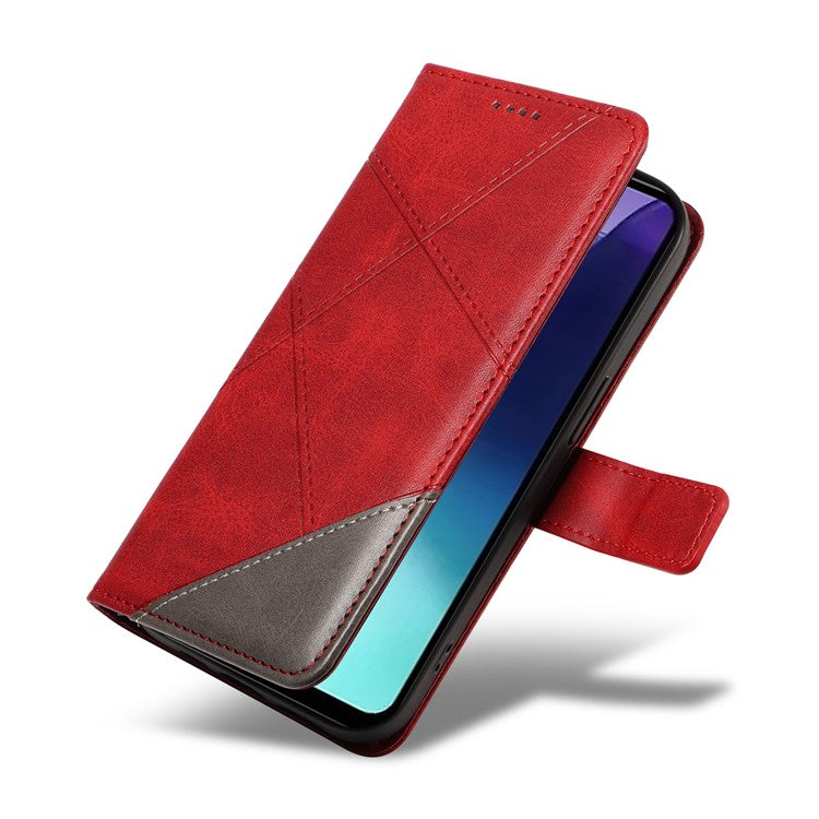 For Xiaomi Poco C75 4G / Redmi 14R 5G / 14C 4G Case Leather Geometric Line Wallet Phone Cover with Wrist Strap - Red