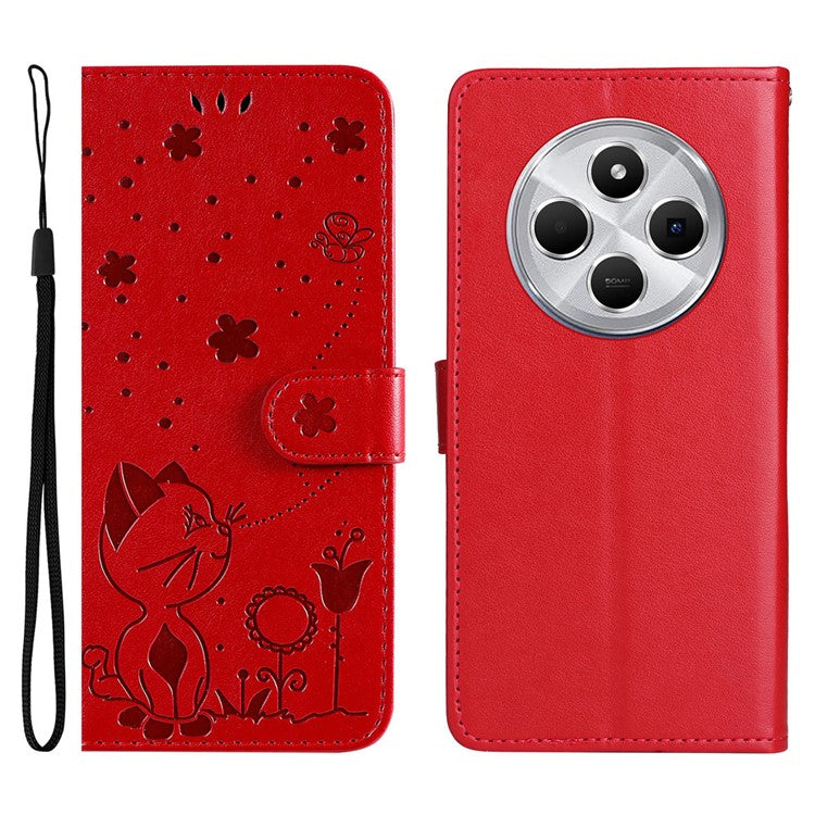 KT Imprinting Flower Series-4 For Xiaomi Poco C75 4G / Redmi 14R 5G / 14C 4G Case Cat Bee Pattern Leather Phone Cover - Red