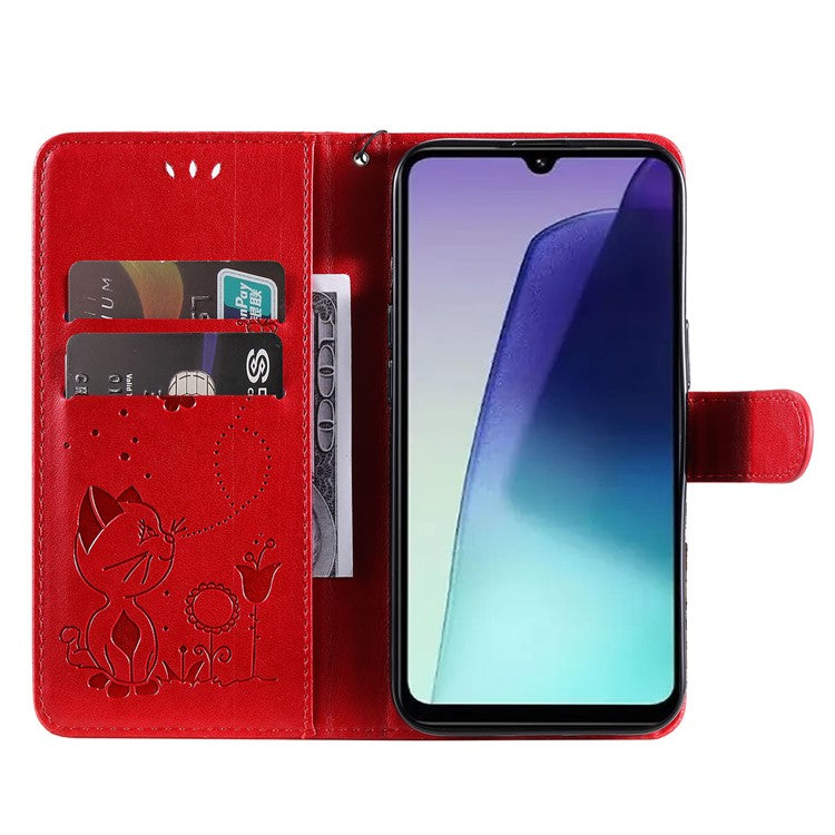 KT Imprinting Flower Series-4 For Xiaomi Poco C75 4G / Redmi 14R 5G / 14C 4G Case Cat Bee Pattern Leather Phone Cover - Red