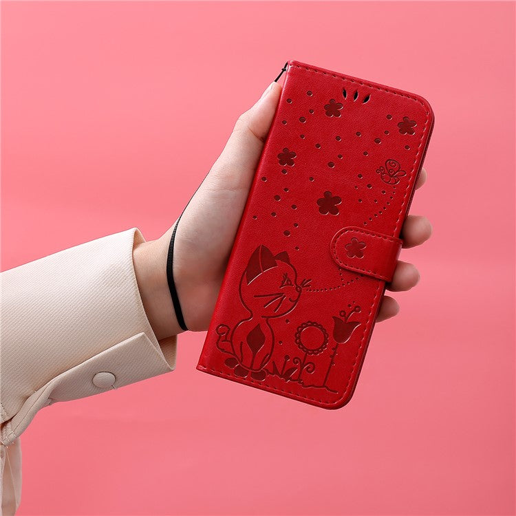 KT Imprinting Flower Series-4 For Xiaomi Poco C75 4G / Redmi 14R 5G / 14C 4G Case Cat Bee Pattern Leather Phone Cover - Red