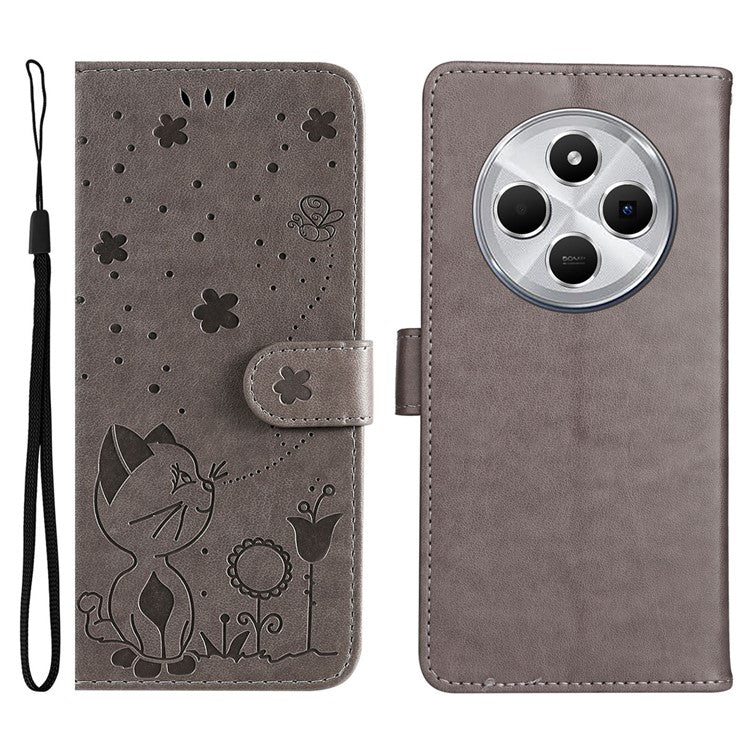 KT Imprinting Flower Series-4 For Xiaomi Poco C75 4G / Redmi 14R 5G / 14C 4G Case Cat Bee Pattern Leather Phone Cover - Grey