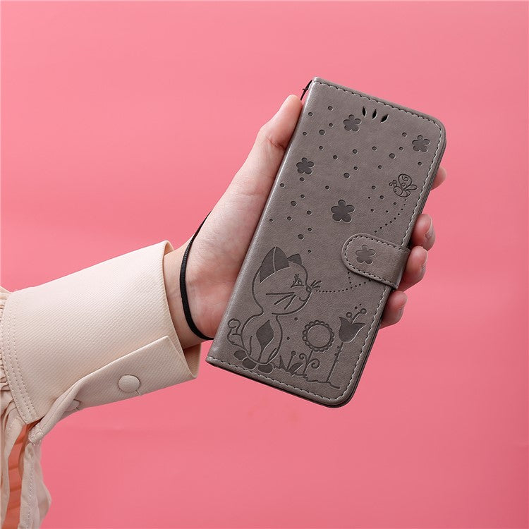 KT Imprinting Flower Series-4 For Xiaomi Poco C75 4G / Redmi 14R 5G / 14C 4G Case Cat Bee Pattern Leather Phone Cover - Grey