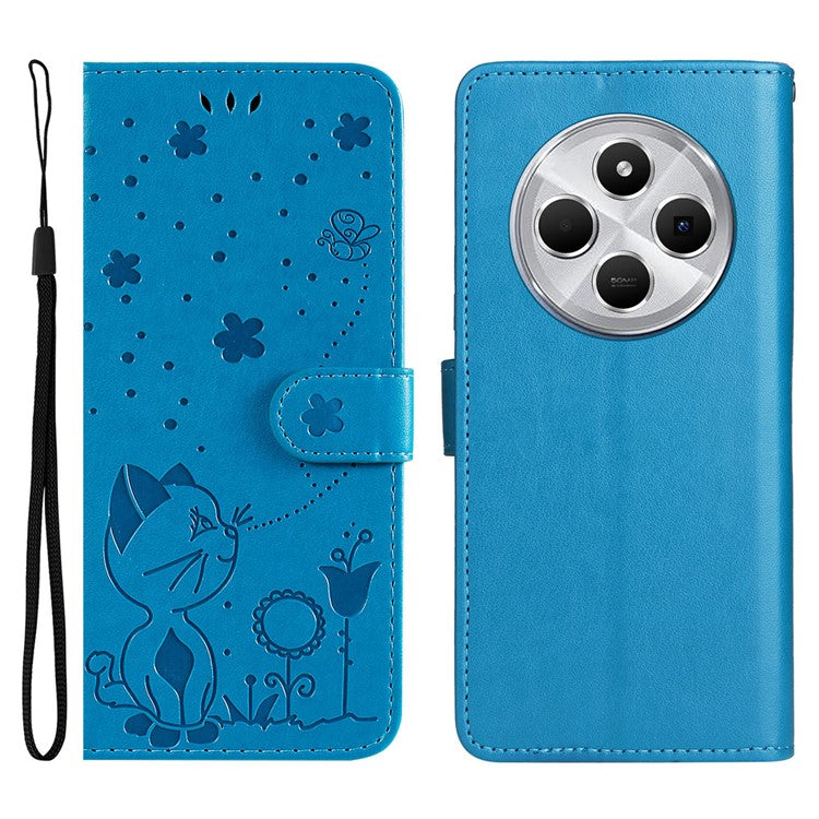 KT Imprinting Flower Series-4 For Xiaomi Poco C75 4G / Redmi 14R 5G / 14C 4G Case Cat Bee Pattern Leather Phone Cover - Blue