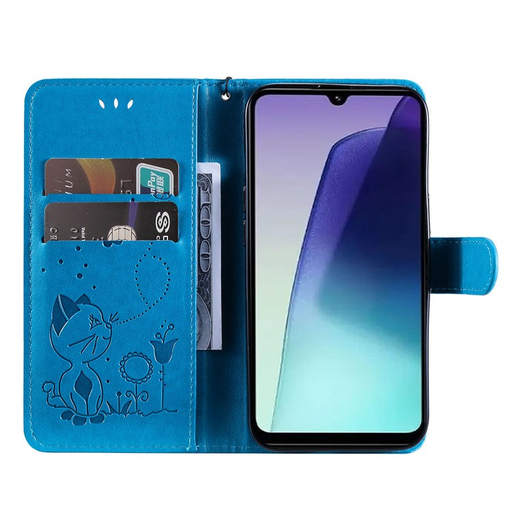 KT Imprinting Flower Series-4 For Xiaomi Poco C75 4G / Redmi 14R 5G / 14C 4G Case Cat Bee Pattern Leather Phone Cover - Blue