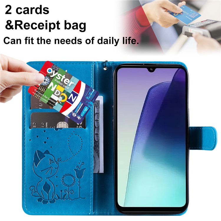 KT Imprinting Flower Series-4 For Xiaomi Poco C75 4G / Redmi 14R 5G / 14C 4G Case Cat Bee Pattern Leather Phone Cover - Blue