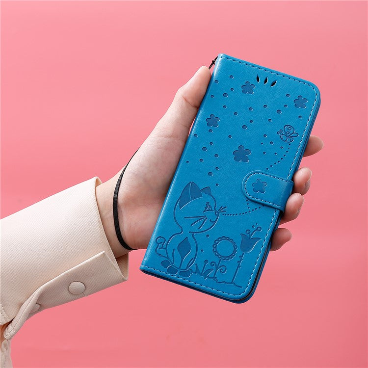 KT Imprinting Flower Series-4 For Xiaomi Poco C75 4G / Redmi 14R 5G / 14C 4G Case Cat Bee Pattern Leather Phone Cover - Blue