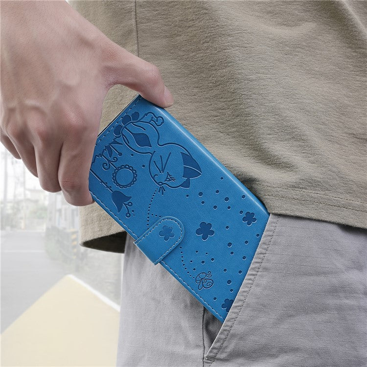 KT Imprinting Flower Series-4 For Xiaomi Poco C75 4G / Redmi 14R 5G / 14C 4G Case Cat Bee Pattern Leather Phone Cover - Blue