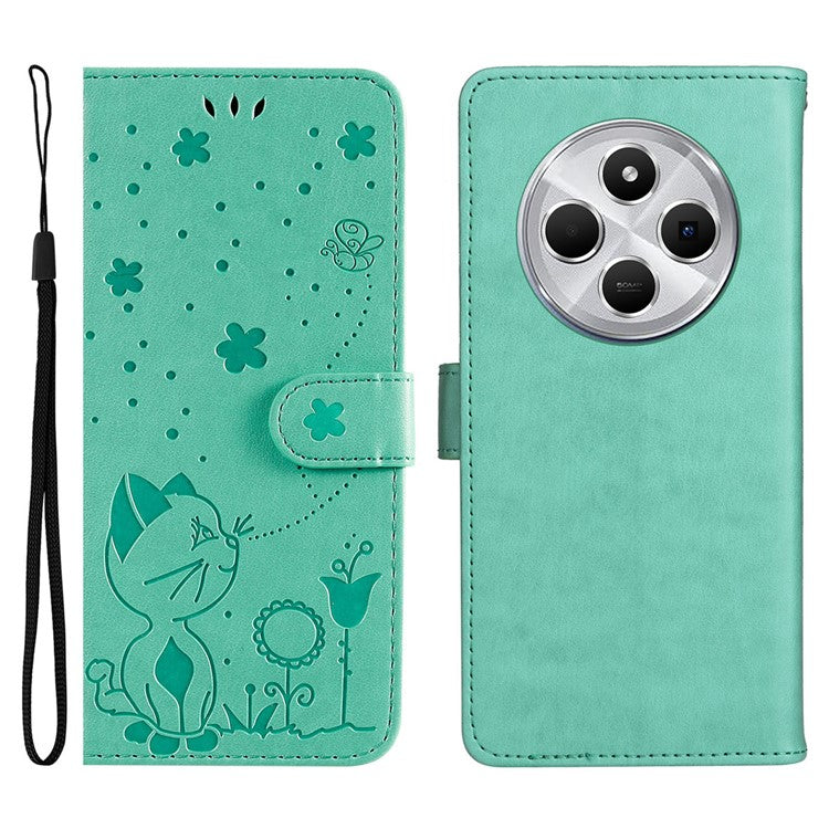 KT Imprinting Flower Series-4 For Xiaomi Poco C75 4G / Redmi 14R 5G / 14C 4G Case Cat Bee Pattern Leather Phone Cover - Green