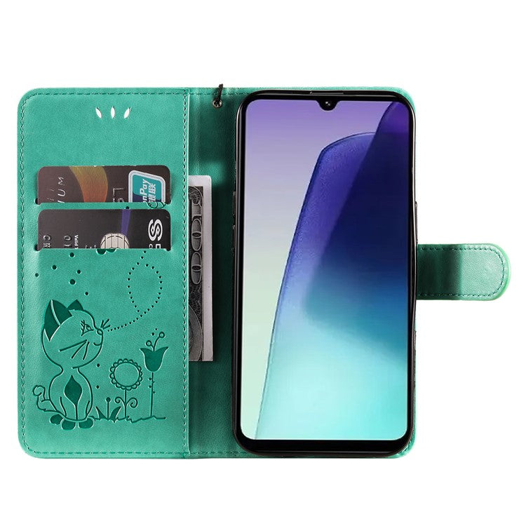 KT Imprinting Flower Series-4 For Xiaomi Poco C75 4G / Redmi 14R 5G / 14C 4G Case Cat Bee Pattern Leather Phone Cover - Green