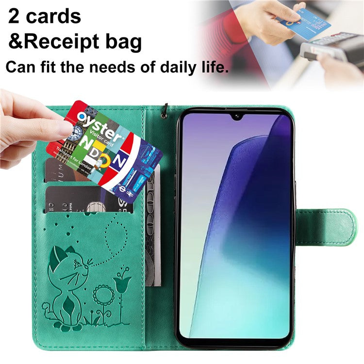 KT Imprinting Flower Series-4 For Xiaomi Poco C75 4G / Redmi 14R 5G / 14C 4G Case Cat Bee Pattern Leather Phone Cover - Green