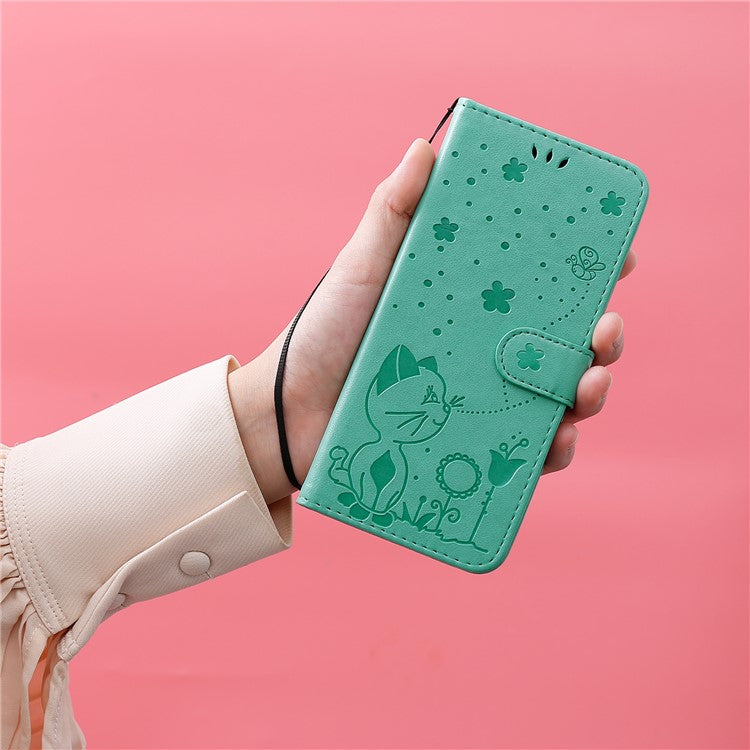 KT Imprinting Flower Series-4 For Xiaomi Poco C75 4G / Redmi 14R 5G / 14C 4G Case Cat Bee Pattern Leather Phone Cover - Green