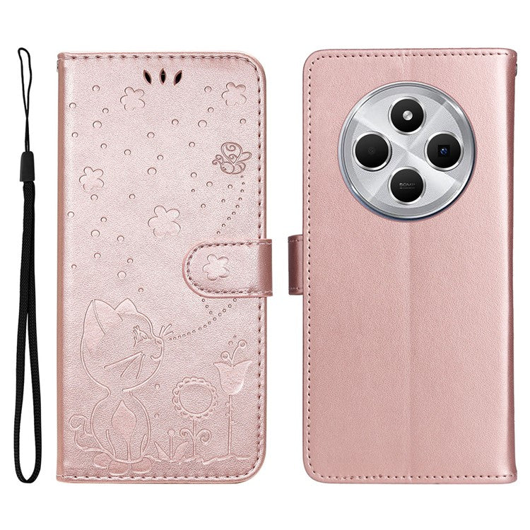 KT Imprinting Flower Series-4 For Xiaomi Poco C75 4G / Redmi 14R 5G / 14C 4G Case Cat Bee Pattern Leather Phone Cover - Rose Gold