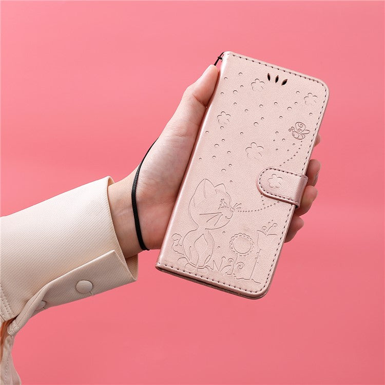 KT Imprinting Flower Series-4 For Xiaomi Poco C75 4G / Redmi 14R 5G / 14C 4G Case Cat Bee Pattern Leather Phone Cover - Rose Gold