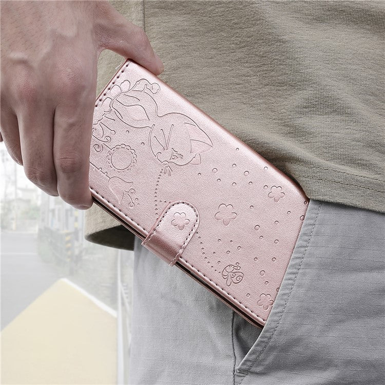 KT Imprinting Flower Series-4 For Xiaomi Poco C75 4G / Redmi 14R 5G / 14C 4G Case Cat Bee Pattern Leather Phone Cover - Rose Gold